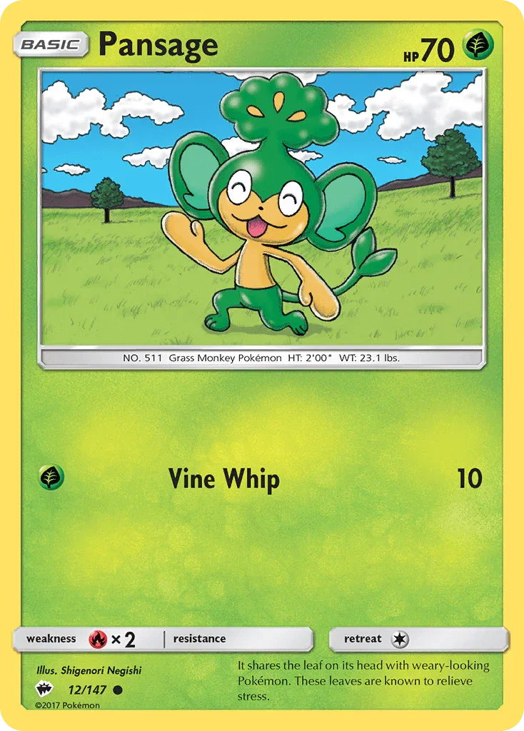 12, Common, Fire[×2], Grass, Normal, Reverse Holofoil, Sun & Moon: Burning Shadows Pansage (12/147) [Sun & Moon: Burning Shadows] - Trading Card World
