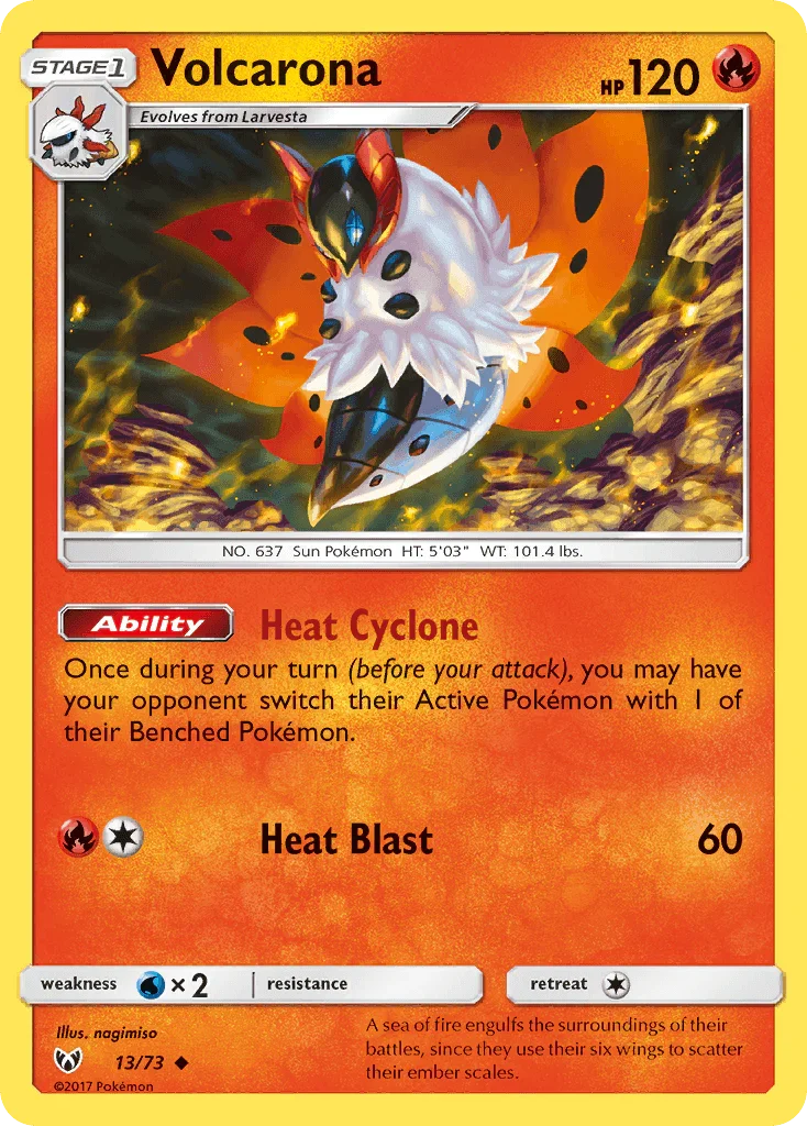 13, Fire, Normal, Reverse Holofoil, Sun & Moon: Shining Legends, Uncommon, Water[×2] Volcarona (13/73) [Sun & Moon: Shining Legends] - Trading Card World