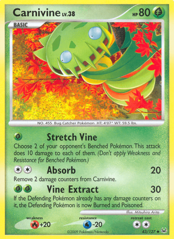 43, Fire[+20], Grass, Normal, Platinum: Base Set, Reverse Holofoil, Uncommon, Water[-20] Carnivine (43/127) [Platinum: Base Set] - Trading Card World