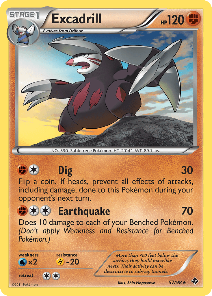 57, Black & White: Emerging Powers, Fighting, Lightning[-20], Normal, Rare, Reverse Holofoil, Water[×2] Excadrill (57/98) [Black & White: Emerging Powers] - Trading Card World