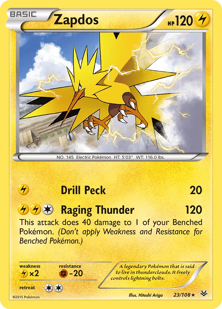 23, Fighting[-20], Lightning, Lightning[×2], Normal, Rare, Reverse Holofoil, XY: Roaring Skies Zapdos (23/108) [XY: Roaring Skies] - Trading Card World