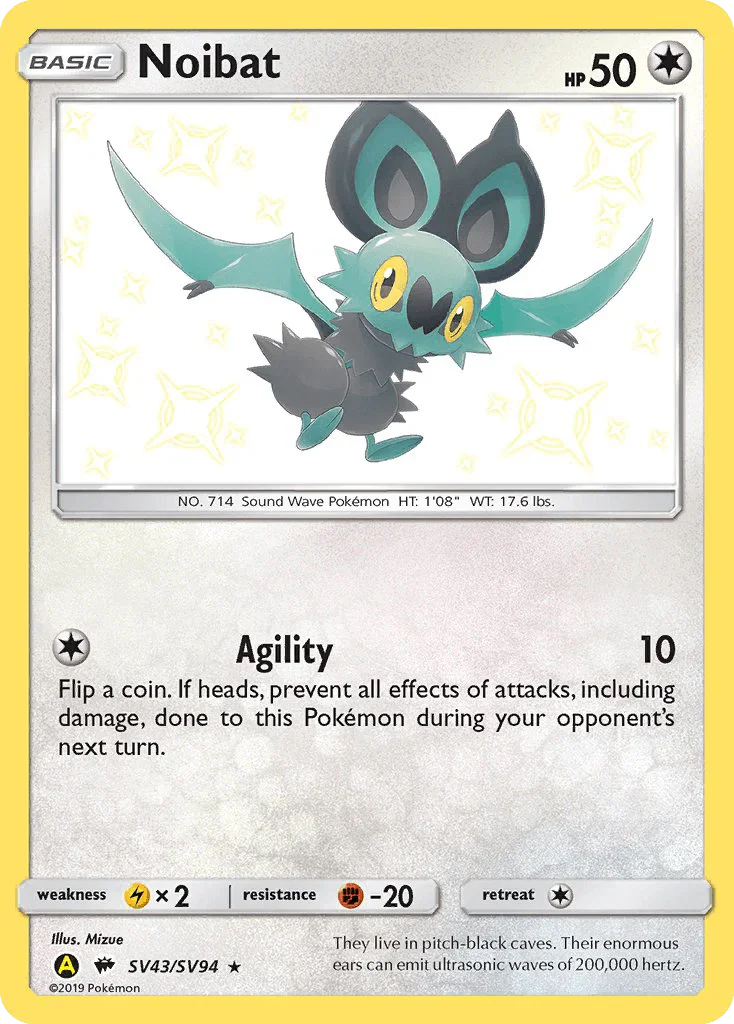Colorless, Fighting[-20], Holofoil, Lightning[×2], Sun & Moon: Hidden Fates - Shiny Vault, SV43, Ultra Rare Noibat (SV43/SV94) [Sun & Moon: Hidden Fates - Shiny Vault] - Trading Card World