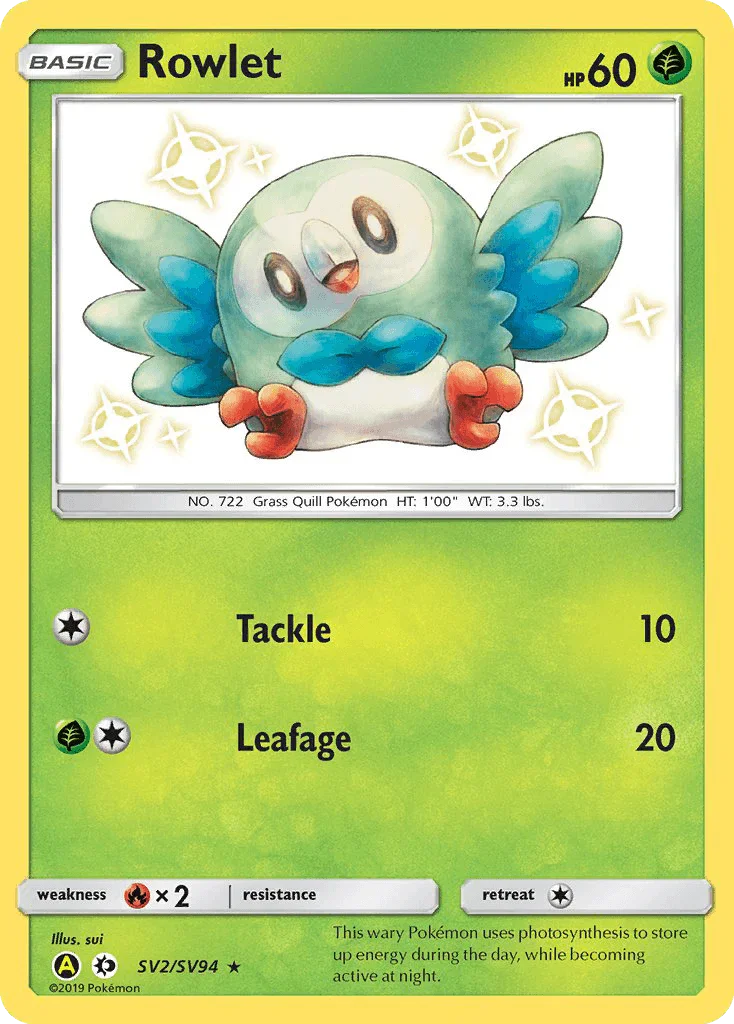 Fire[×2], Grass, Holofoil, Sun & Moon: Hidden Fates - Shiny Vault, SV2, Ultra Rare Rowlet (SV2/SV94) [Sun & Moon: Hidden Fates - Shiny Vault] - Trading Card World