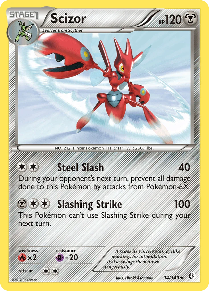 94, Black & White: Boundaries Crossed, Fire[×2], Holo Rare, Holofoil, Metal, Psychic[-20], Reverse Holofoil Scizor (94/149) [Black & White: Boundaries Crossed] - Trading Card World