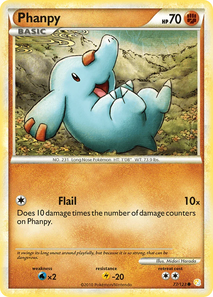 77, Common, Fighting, HeartGold & SoulSilver: Base Set, Lightning[-20], Normal, Reverse Holofoil, Water[×2] Phanpy (77/123) [HeartGold & SoulSilver: Base Set] - Trading Card World