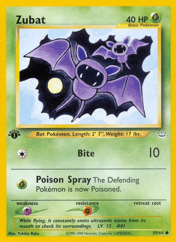 1st Edition Normal, 59, Common, Fighting[-30], Grass, Neo Revelation 1st Edition, Psychic[×2] Zubat (59/64) [Neo Revelation 1st Edition] - Trading Card World