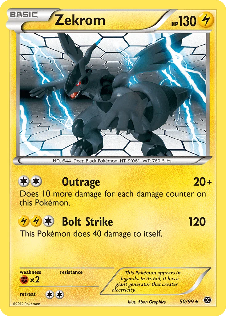 50, Black & White: Next Destinies, Fighting[×2], Lightning, Normal, Rare, Reverse Holofoil Zekrom (50/99) [Black & White: Next Destinies] - Trading Card World