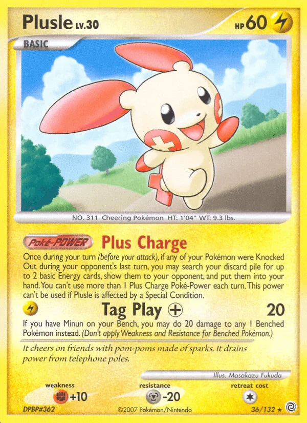 36, Diamond & Pearl: Secret Wonders, Fighting[+10], Lightning, Metal[-20], Normal, Rare, Reverse Holofoil Plusle (36/132) [Diamond & Pearl: Secret Wonders] - Trading Card World