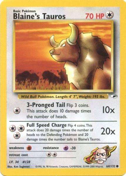 64, Colorless, Common, Fighting[×2], Gym Heroes Unlimited, Normal, Psychic[-30] Blaine's Tauros (64/132) [Gym Heroes Unlimited] - Trading Card World