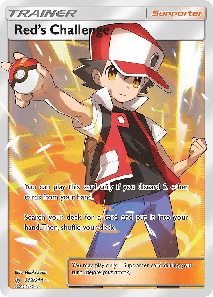 213, Holofoil, Sun & Moon: Unbroken Bonds, Supporter, Ultra Rare Red's Challenge (213/214) [Sun & Moon: Unbroken Bonds] - Trading Card World