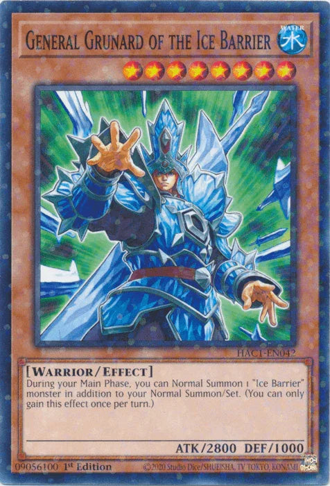 1st Edition, Common, Effect Monster, Hidden Arsenal: Chapter 1, Warrior, Water General Grunard of the Ice Barrier (Duel Terminal) [HAC1-EN042] Common - Trading Card World