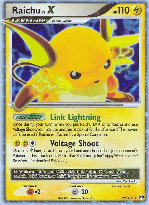99, Diamond & Pearl: Stormfront, Fighting[×2], Holofoil, Lightning, Metal[-20], Ultra Rare Raichu LV.X (99/100) [Diamond & Pearl: Stormfront] - Trading Card World