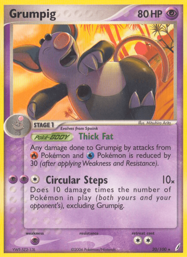 20, EX: Crystal Guardians, Normal, Psychic, Psychic[×2], Rare Grumpig (20/100) [EX: Crystal Guardians] - Trading Card World