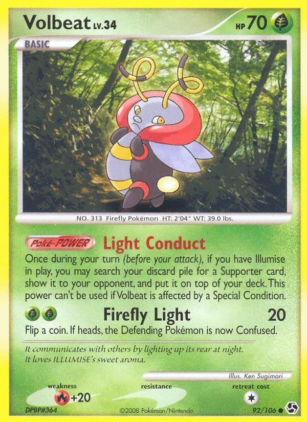 92, Common, Diamond & Pearl: Great Encounters, Fire[+20], Grass, Normal, Reverse Holofoil Volbeat (92/106) [Diamond & Pearl: Great Encounters] - Trading Card World