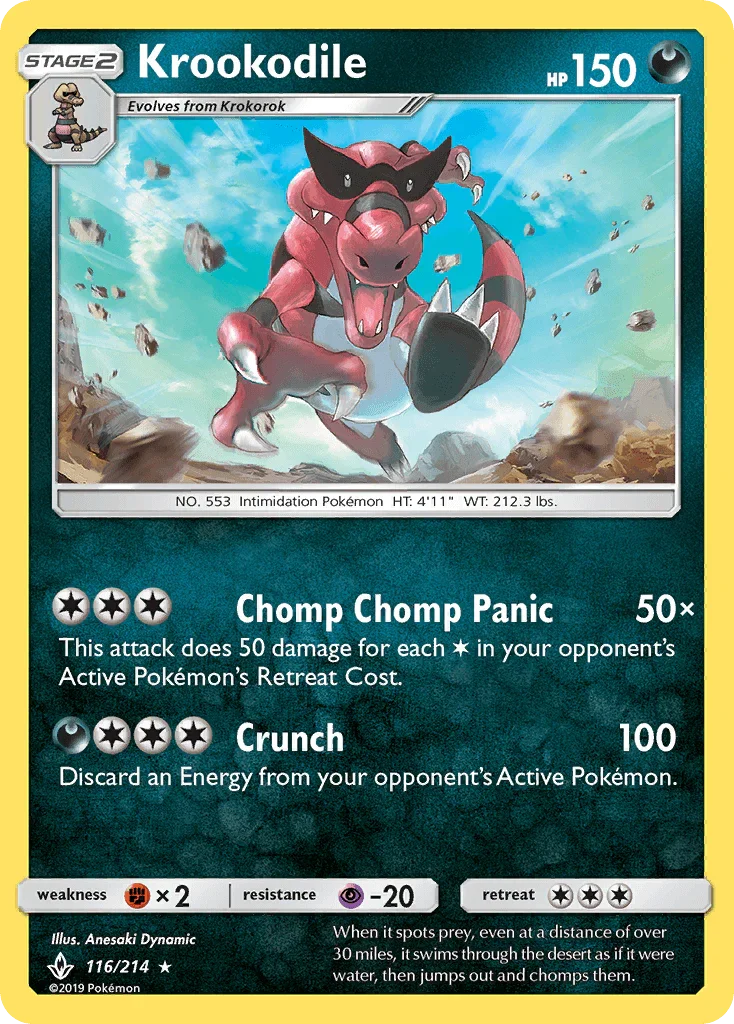 116, Darkness, Fighting[×2], Normal, Psychic[-20], Rare, Reverse Holofoil, Sun & Moon: Unbroken Bonds Krookodile (116/214) [Sun & Moon: Unbroken Bonds] - Trading Card World