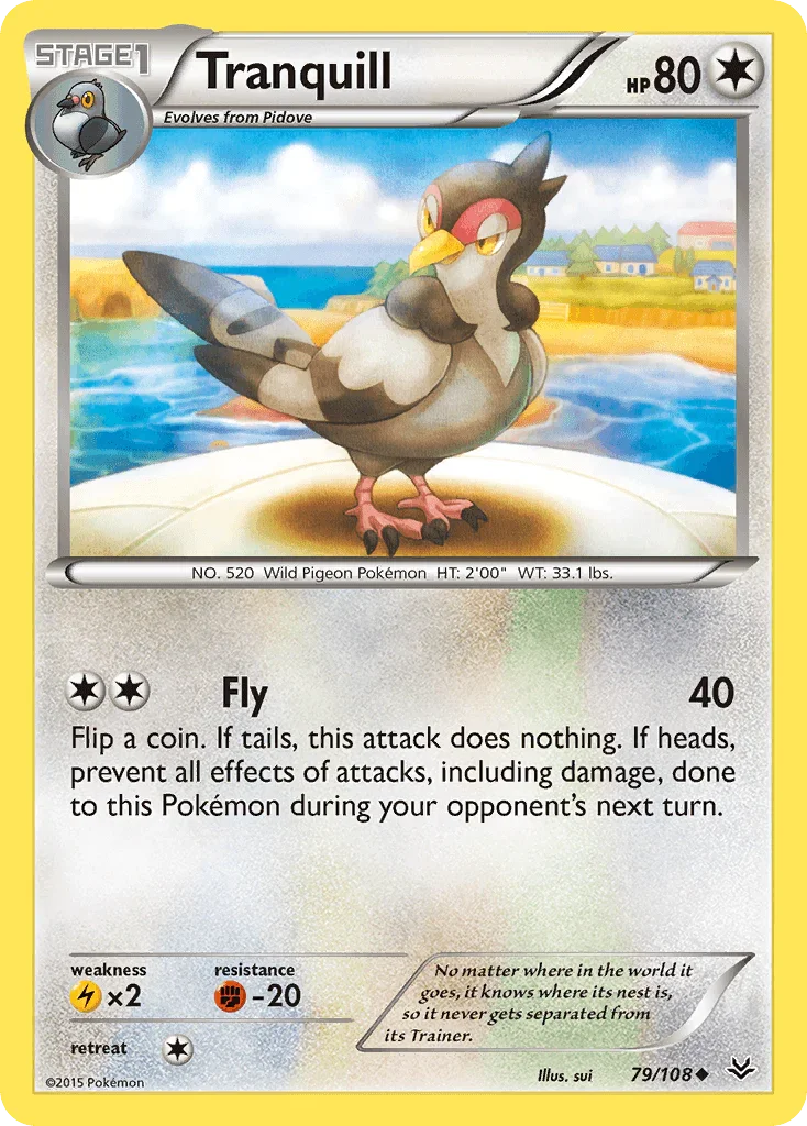 79, Colorless, Fighting[-20], Lightning[×2], Normal, Reverse Holofoil, Uncommon, XY: Roaring Skies Tranquill (79/108) [XY: Roaring Skies] - Trading Card World