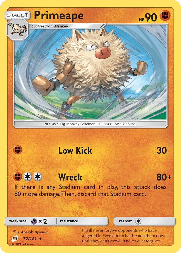 72, Fighting, Normal, Psychic[×2], Rare, Reverse Holofoil, Sun & Moon: Team Up Primeape (72/181) [Sun & Moon: Team Up] - Trading Card World