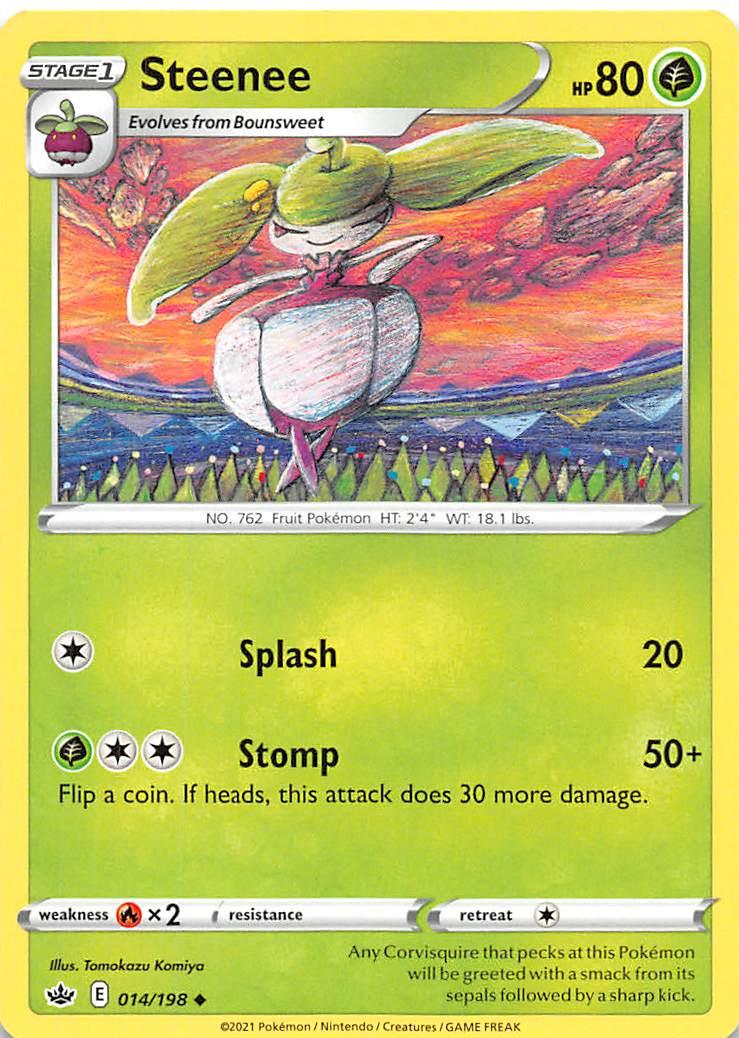 014, Fire [x2], Grass, Normal, Reverse Holofoil, Sword & Shield: Chilling Reign, Uncommon Steenee (014/198) [Sword & Shield: Chilling Reign] - Trading Card World