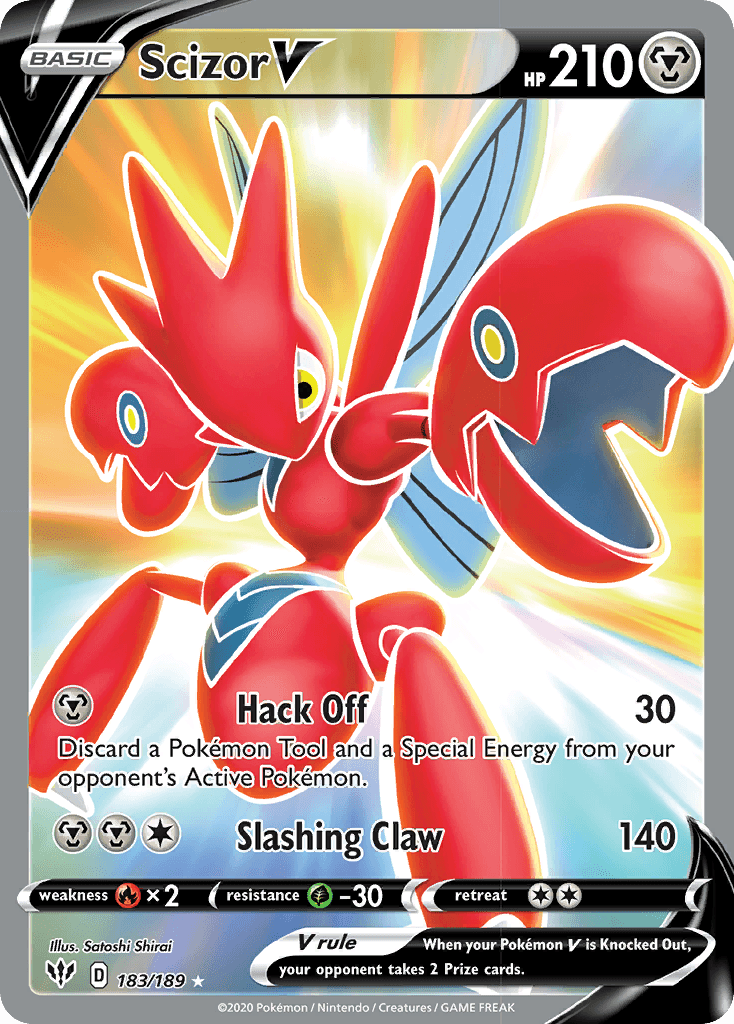 183, Fire[×2], Grass[-30], Holofoil, Metal, Sword & Shield: Darkness Ablaze, Ultra Rare Scizor V (183/189) [Sword & Shield: Darkness Ablaze] - Trading Card World
