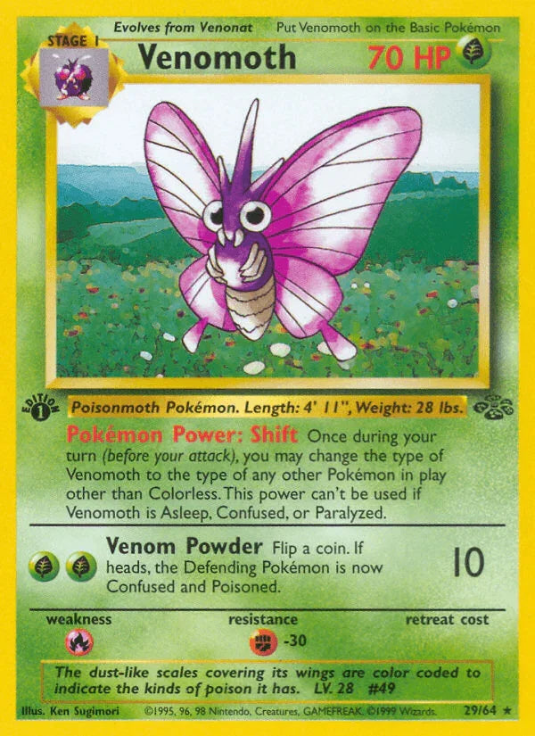 1st Edition Normal, 29, Fighting[-30], Fire[×2], Grass, Jungle 1st Edition, Rare Venomoth (29/64) [Jungle 1st Edition] - Trading Card World