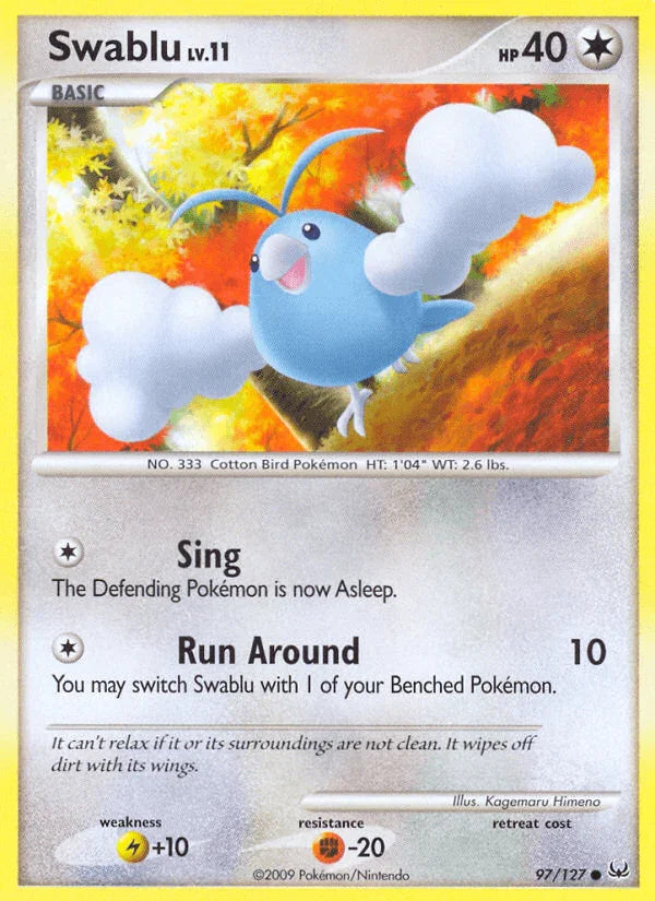 97, Colorless, Common, Fighting[-20], Lightning[+10], Normal, Platinum: Base Set, Reverse Holofoil Swablu (97/127) [Platinum: Base Set] - Trading Card World