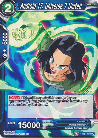 Android 17, Android/Universe 7, Battle, Blue, DB1-028, Dragon Brawl, Normal, Parallel Foil, Uncommon, Universe Survival Saga Android 17, Universe 7 United (DB1-028) [Dragon Brawl] - Trading Card World
