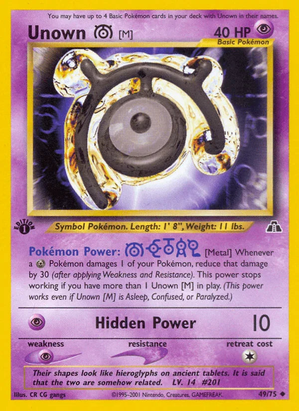 1st Edition Normal, 49, Neo Discovery 1st Edition, Psychic, Psychic[×2], Uncommon Unown [M] (49/75) [Neo Discovery 1st Edition] - Trading Card World