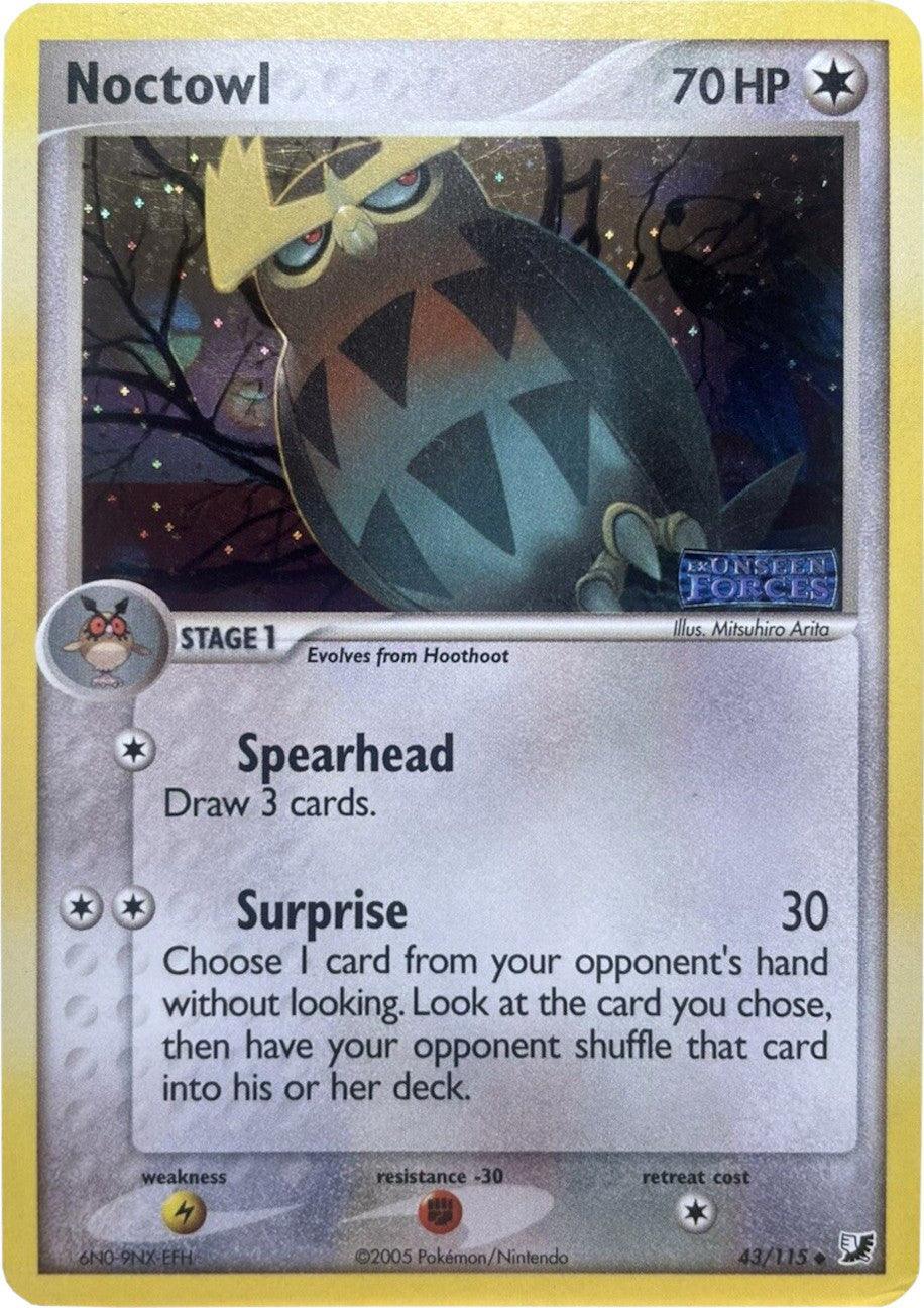 43, Colorless, EX: Unseen Forces, Fighting[-30], Lightning[×2], Reverse Holofoil, Uncommon Noctowl (43/115) (Stamped) [EX: Unseen Forces] - Trading Card World