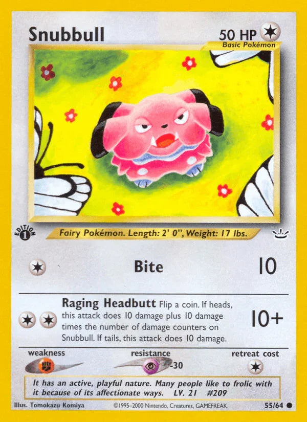 1st Edition Normal, 55, Colorless, Common, Fighting[×2], Neo Revelation 1st Edition, Psychic[-30] Snubbull (55/64) [Neo Revelation 1st Edition] - Trading Card World