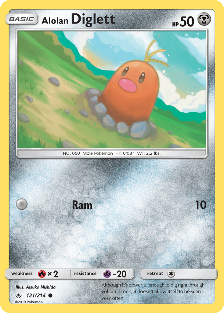 121, Common, Fire[×2], Metal, Normal, Psychic[-20], Reverse Holofoil, Sun & Moon: Unbroken Bonds Alolan Diglett (121/214) [Sun & Moon: Unbroken Bonds] - Trading Card World