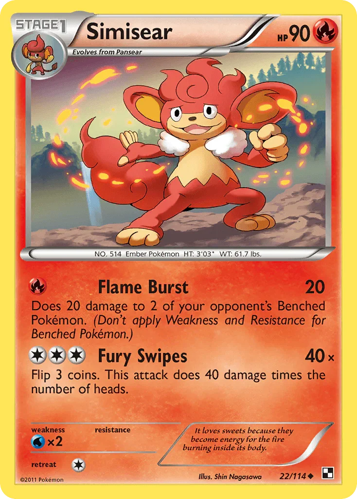 22, Black & White: Base Set, Fire, Normal, Reverse Holofoil, Uncommon, Water[×2] Simisear (22/114) [Black & White: Base Set] - Trading Card World