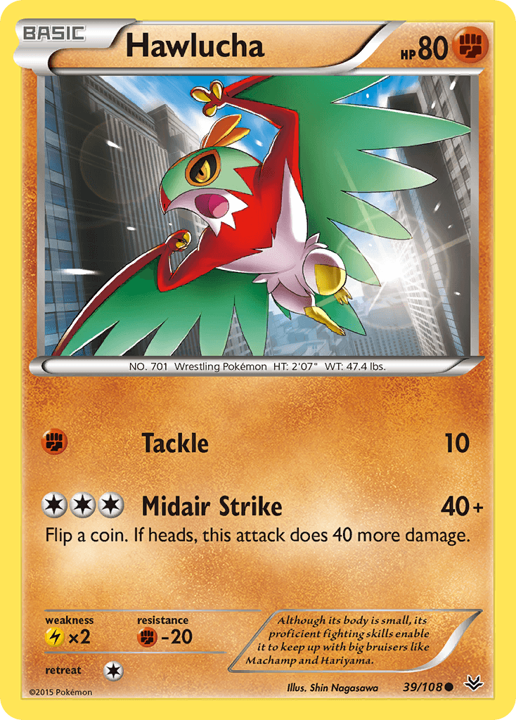 39, Common, Fighting, Fighting[-20], Lightning[×2], Normal, Reverse Holofoil, XY: Roaring Skies Hawlucha (39/108) [XY: Roaring Skies] - Trading Card World