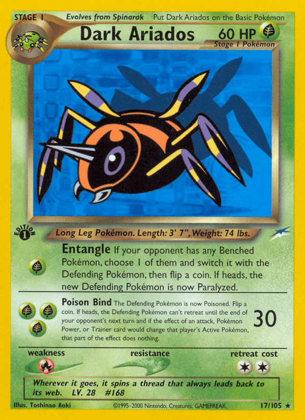 17, 1st Edition Normal, Fire[×2], Grass, Neo Destiny 1st Edition, Rare Dark Ariados (17/105) [Neo Destiny 1st Edition] - Trading Card World