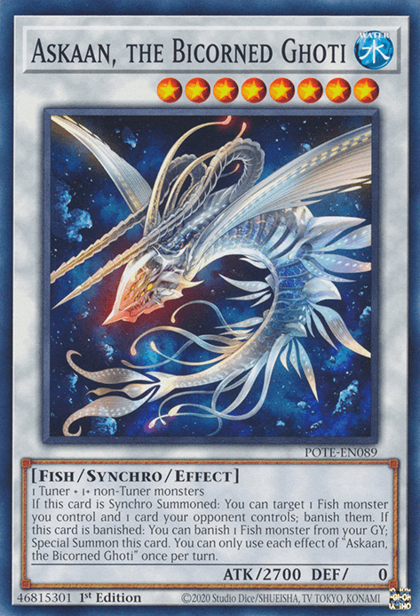 1st Edition, Common, Fish, Power of the Elements, Synchro/Effect Monster, Unlimited, Water Askaan, the Bicorned Ghoti [POTE-EN089] Common - Trading Card World
