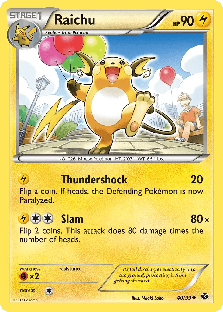 40, Black & White: Next Destinies, Fighting[×2], Lightning, Normal, Reverse Holofoil, Uncommon Raichu (40/99) [Black & White: Next Destinies] - Trading Card World