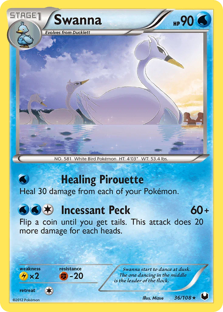 36, Black & White: Dark Explorers, Fighting[-20], Lightning[×2], Normal, Rare, Reverse Holofoil, Water Swanna (36/108) [Black & White: Dark Explorers] - Trading Card World
