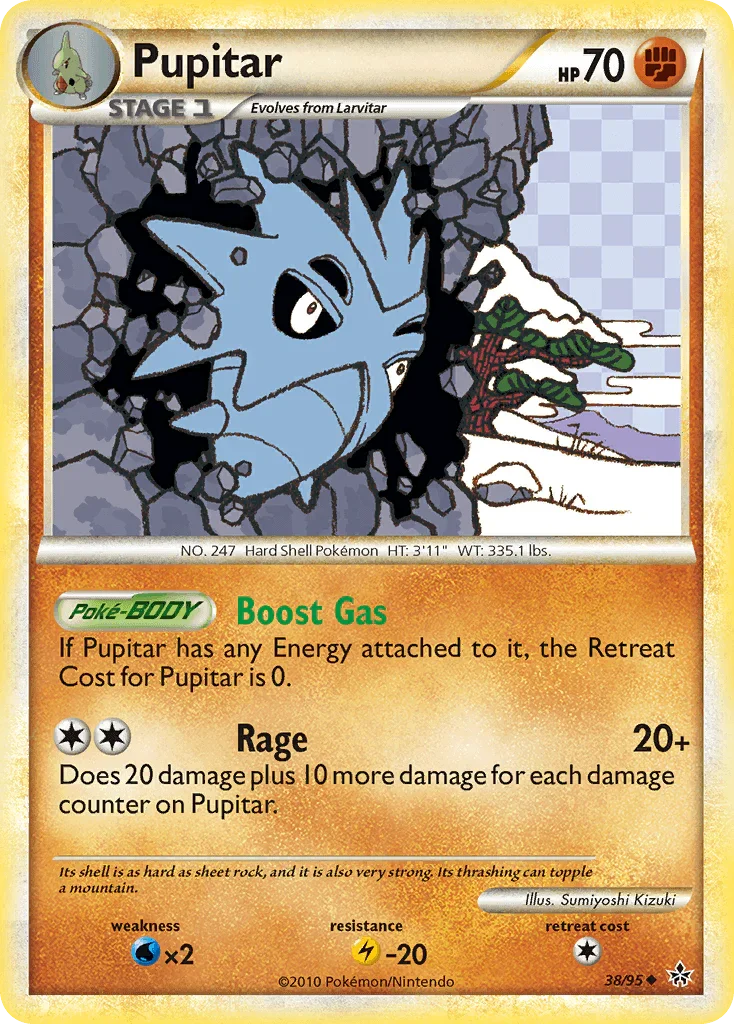 38, Fighting, HeartGold & SoulSilver: Unleashed, Lightning[-20], Normal, Reverse Holofoil, Uncommon, Water[×2] Pupitar (38/95) [HeartGold & SoulSilver: Unleashed] - Trading Card World