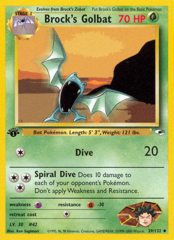 1st Edition Normal, 39, Fighting[-30], Grass, Gym Heroes 1st Edition, Psychic[×2], Uncommon Brock's Golbat (39/132) [Gym Heroes 1st Edition] - Trading Card World