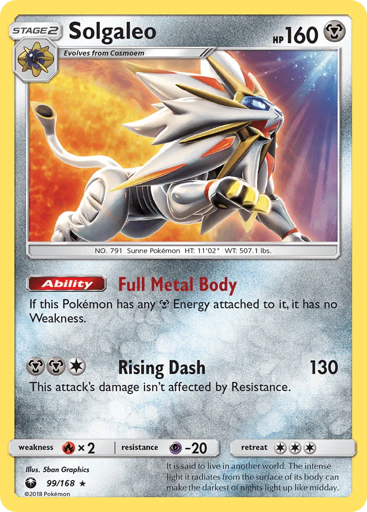 99, Fire[×2], Holo Rare, Holofoil, Metal, Psychic[-20], Reverse Holofoil, Sun & Moon: Celestial Storm Solgaleo (99/168) [Sun & Moon: Celestial Storm] - Trading Card World