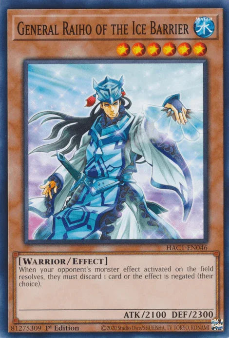 1st Edition, Common, Effect Monster, Hidden Arsenal: Chapter 1, Warrior, Water General Raiho of the Ice Barrier [HAC1-EN046] Common - Trading Card World
