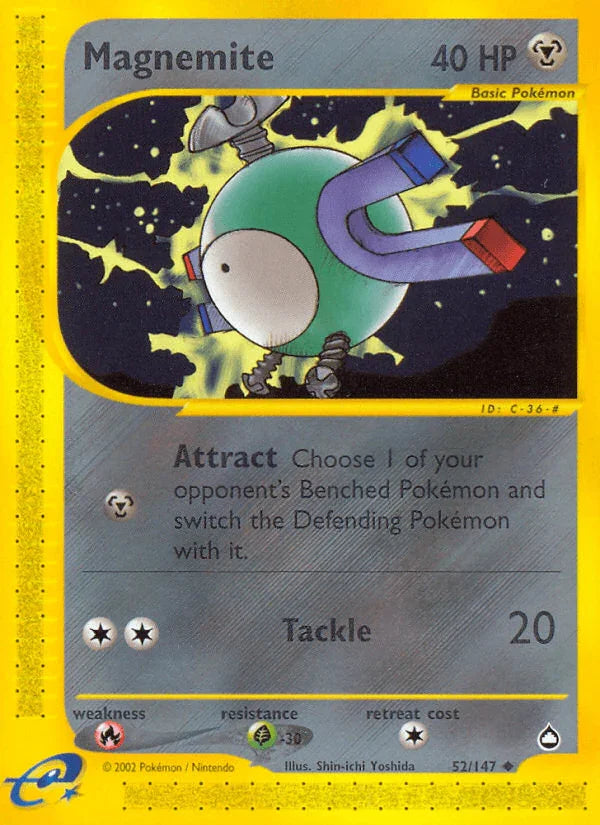 52, Aquapolis, Fire[×2], Grass[-30], Metal, Normal, Reverse Holofoil, Uncommon Magnemite (52/147) [Aquapolis] - Trading Card World