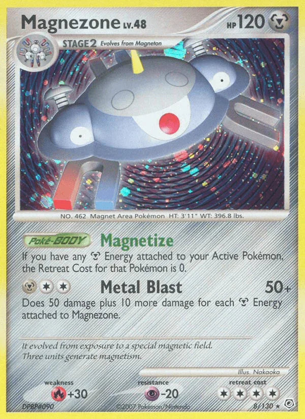 Diamond & Pearl: Base Set, Fire[+30], Holo Rare, Holofoil, Metal, Psychic[-20], Reverse Holofoil Magnezone (8/130) [Diamond & Pearl: Base Set] - Trading Card World