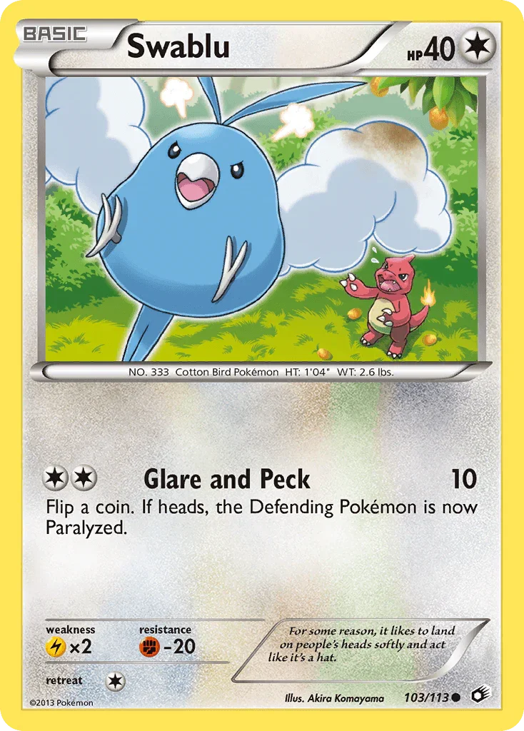 103, Black & White: Legendary Treasures, Colorless, Common, Fighting[-20], Lightning[×2], Normal, Reverse Holofoil Swablu (103/113) [Black & White: Legendary Treasures] - Trading Card World