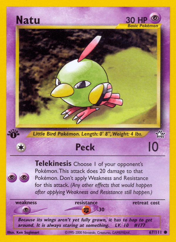 1st Edition Normal, 67, Common, Fighting[-30], Neo Genesis 1st Edition, Psychic, Psychic[×2] Natu (67/111) [Neo Genesis 1st Edition] - Trading Card World