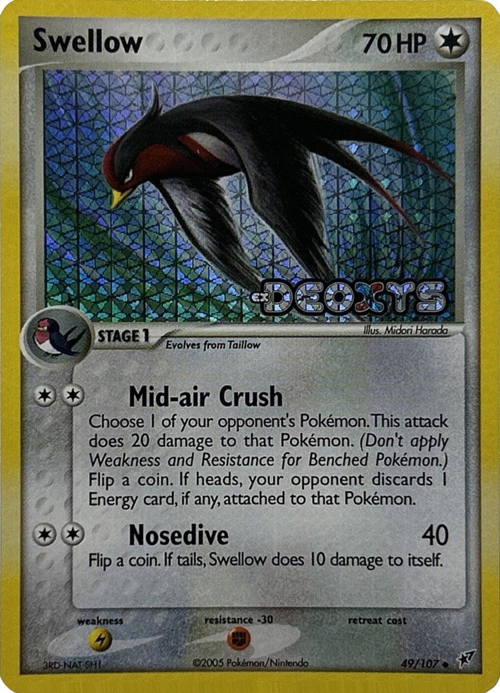 49, Colorless, EX: Deoxys, Fighting[-30], Lightning[×2], Reverse Holofoil, Uncommon Swellow (49/107) (Stamped) [EX: Deoxys] - Trading Card World