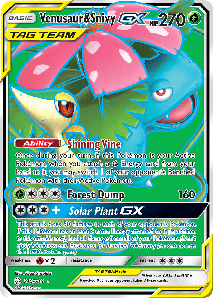 210, Fire[×2], Grass, Holofoil, Sun & Moon: Cosmic Eclipse, Ultra Rare Venusaur & Snivy GX (210/236) [Sun & Moon: Cosmic Eclipse] - Trading Card World