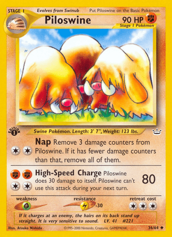 1st Edition Normal, 36, Fighting, Grass[×2], Lightning[-30], Neo Revelation 1st Edition, Uncommon Piloswine (36/64) [Neo Revelation 1st Edition] - Trading Card World