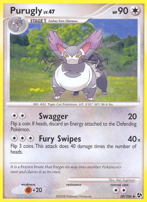 50, Colorless, Diamond & Pearl: Great Encounters, Fighting[+20], Normal, Reverse Holofoil, Uncommon Purugly (50/106) [Diamond & Pearl: Great Encounters] - Trading Card World