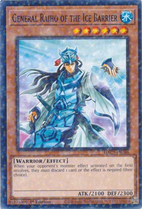 1st Edition, Common, Effect Monster, Hidden Arsenal: Chapter 1, Warrior, Water General Raiho of the Ice Barrier (Duel Terminal) [HAC1-EN046] Common - Trading Card World