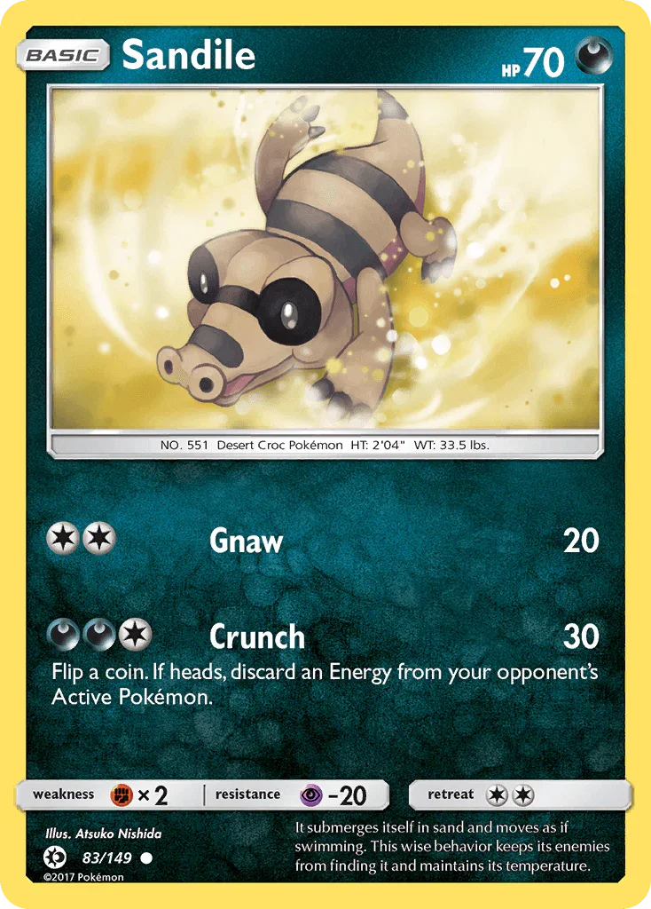83, Common, Darkness, Fighting[×2], Normal, Psychic[-20], Reverse Holofoil, Sun & Moon: Base Set Sandile (83/149) [Sun & Moon: Base Set] - Trading Card World